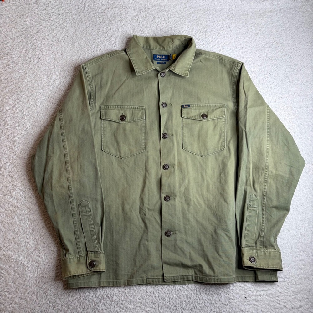 Polo Ralph Lauren Mens XL Herringbone Twill Military Shirt Jacket Olive Green